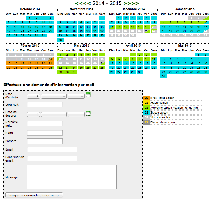 Calendrier rservations 8 mois avec formulaire de contact